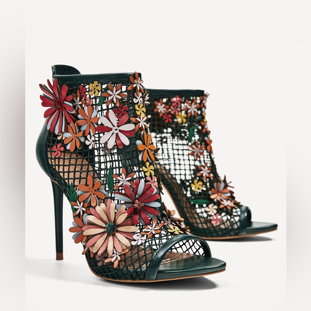 Zara Green Mesh Floral High Heels 3D Fishnet Back Zipper Size 6.5/37